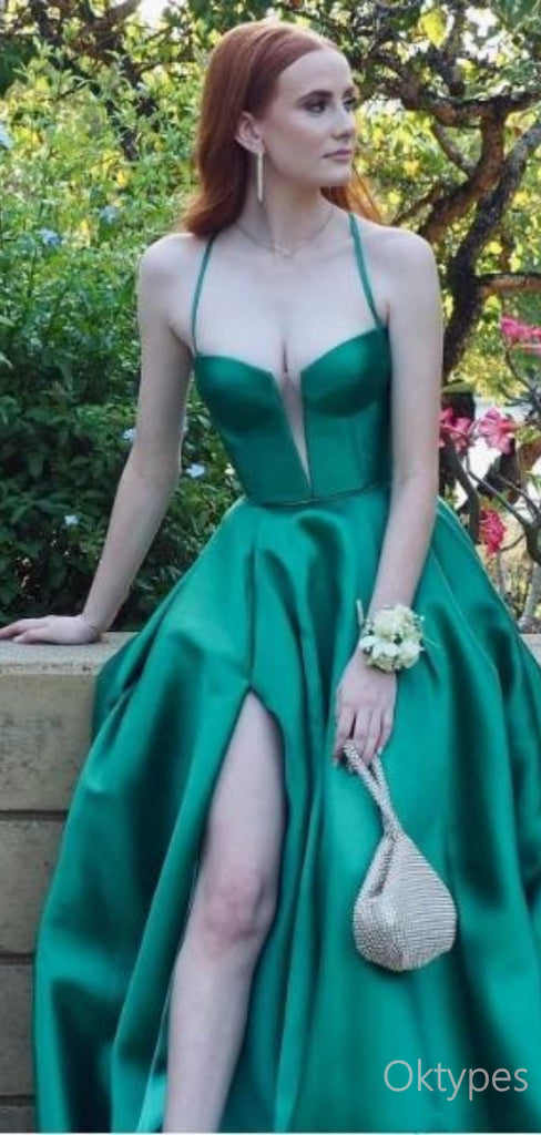 Luxurious Emerald Side Slit Mermaid Spaghetti Strap Women Floor-Length Prom Dresses PDS1205