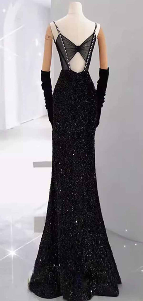 Gorgeous Black Side Slit Spaghetti Strap Evening Dresses, PDS1061