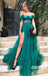 Sexy Off Shoulder Tulle Side Slit -Line Long Prom Dresses With Applique, PDS1017