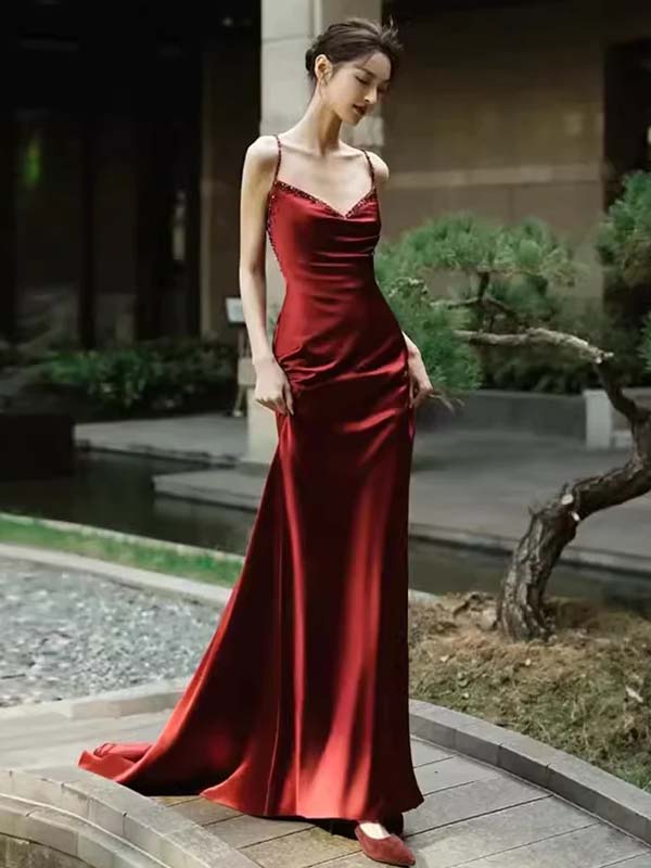 Gorgeous Burgundy Spaghetti Strap with tail Formal Dresses, PDS1068