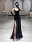 Gorgeous Black Side Slit Spaghetti Strap Evening Dresses, PDS1061