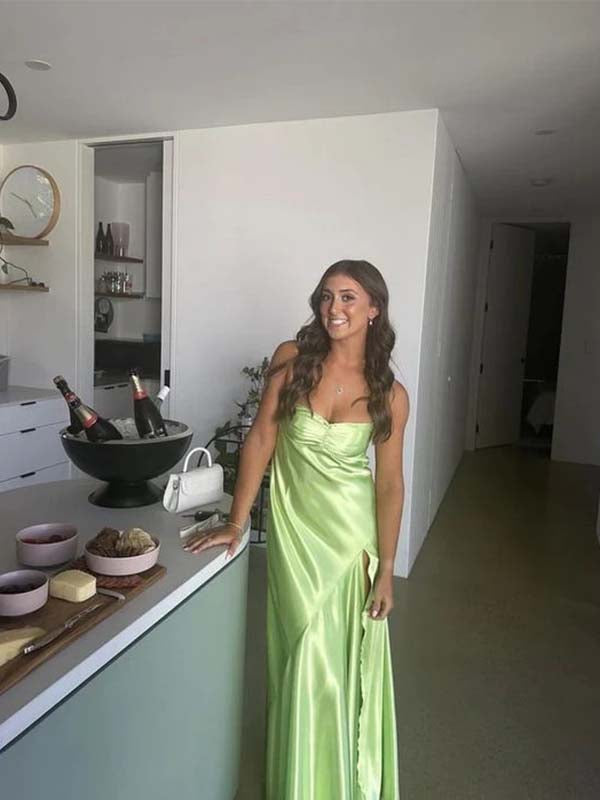 Sexy Lime-green Side Slit Spaghetti Strap Party Dresses, PDS1067