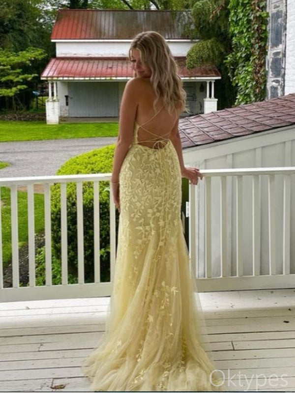 Women Sexy Yellow Mermaid Backless Appliqued Floor-Length Prom Dresses PDS1091