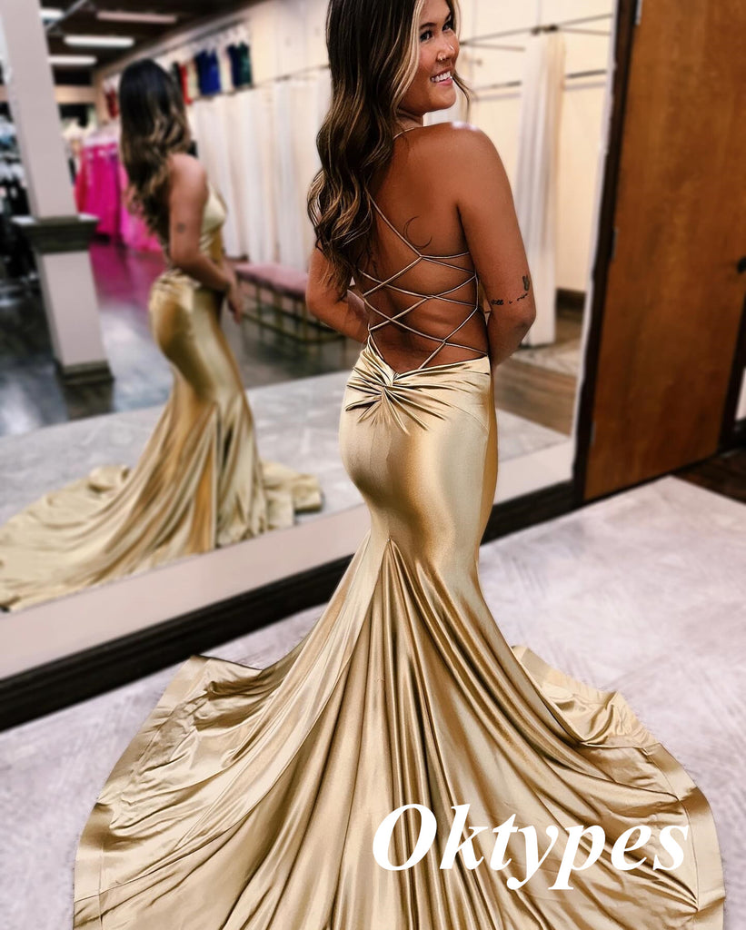 Sexy Elastic Satin V-Neck Criss Cross Mermaid Long Prom Dresses, PDS1025