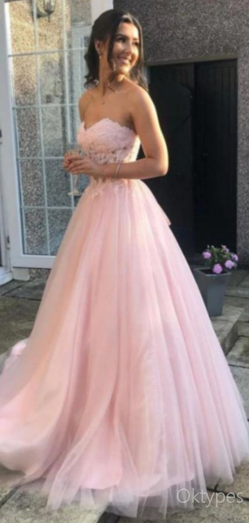 Cozy Pink Strapless Sweetheart Tulle A-Line Women Floor-Length Prom Dresses PDS1217