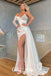 Sexy White Satin One Shoulder Long Sleeve V-Neck Side Slit Mermaid Long Prom Dresses,PDS0797