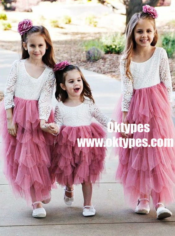 A-Line Round Neck Hot Pink Tulle Flower Girl Dress with Lace, TYP0950