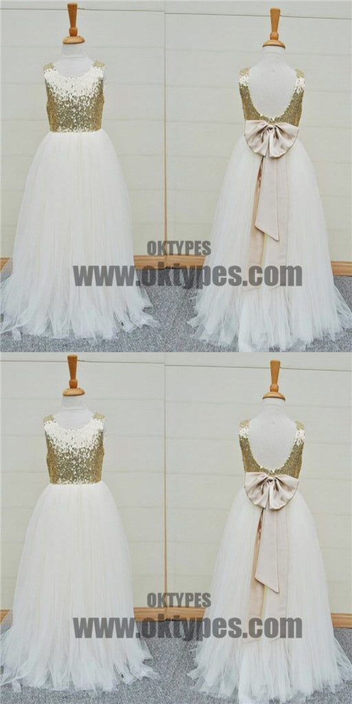 Gold Sequin Top White Tulle Cute Flower Girl Dresses For Wedding Party, TYP0521