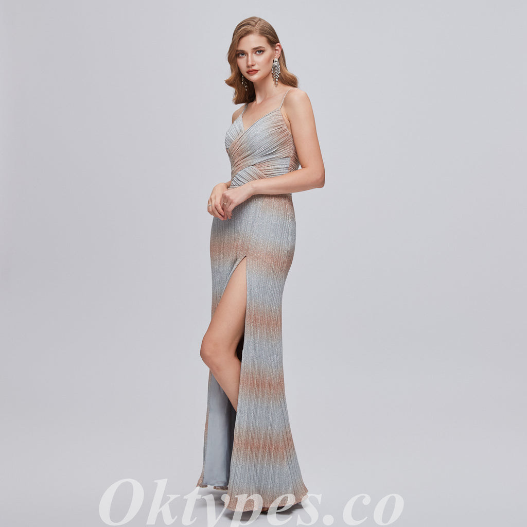 Elegant Special Fabric Spaghetti Straps V-neck Sheath Side Slit Long Prom Dresses,PDS0467