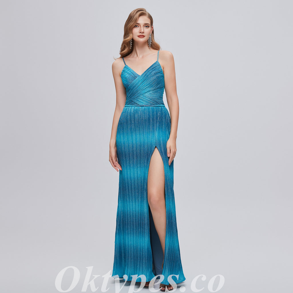 Elegant Special Fabric Spaghetti Straps V-neck Sheath Side Slit Long Prom Dresses,PDS0467