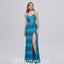 Elegant Special Fabric Spaghetti Straps V-neck Sheath Side Slit Long Prom Dresses,PDS0467