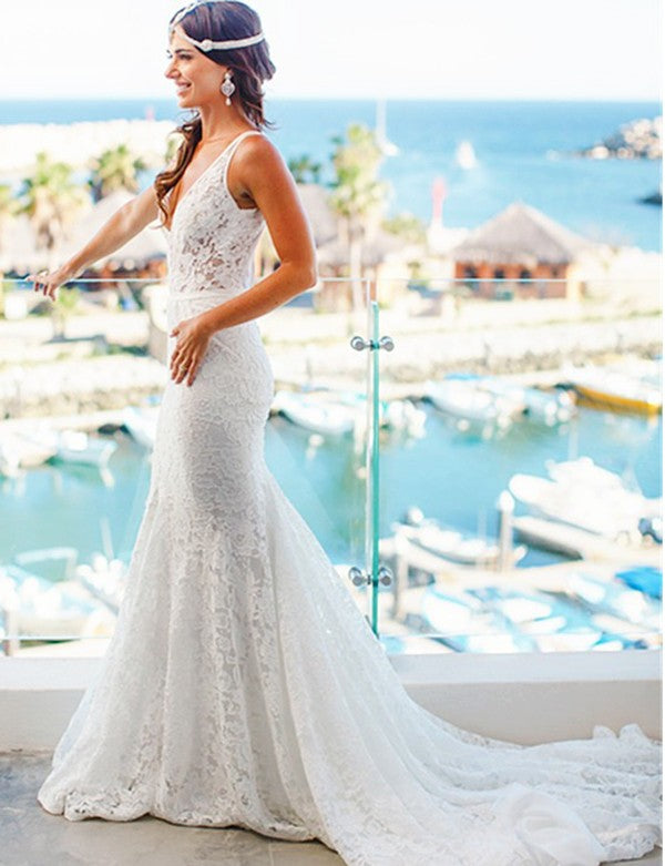 Mermaid Style Lace V-neck Court Train Beach Wedding Dresses, TYP1371