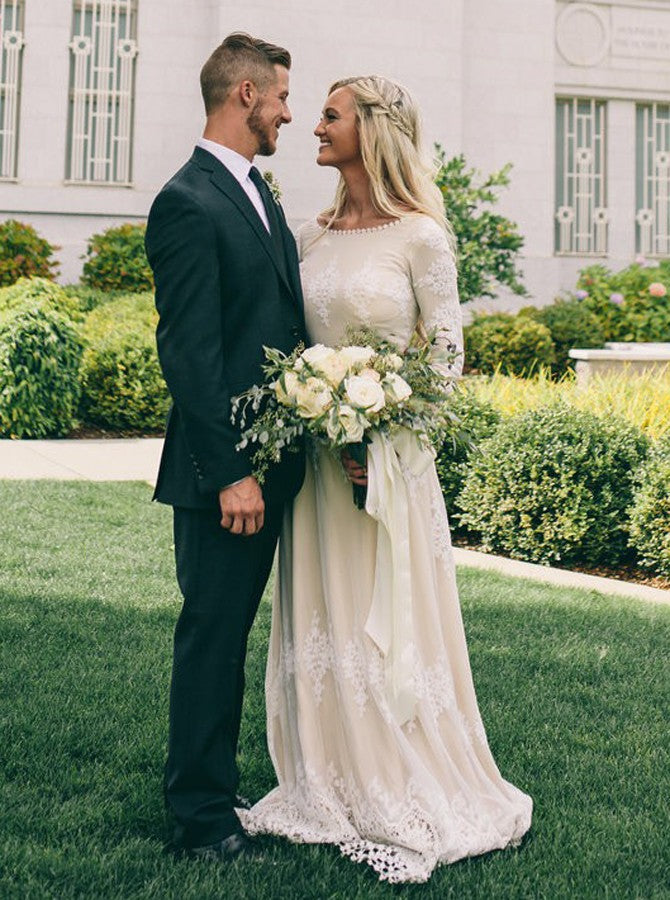 A-Line Bateau Long Sleeves Ivory Tulle Wedding Dresses with Appliques, TYP1484