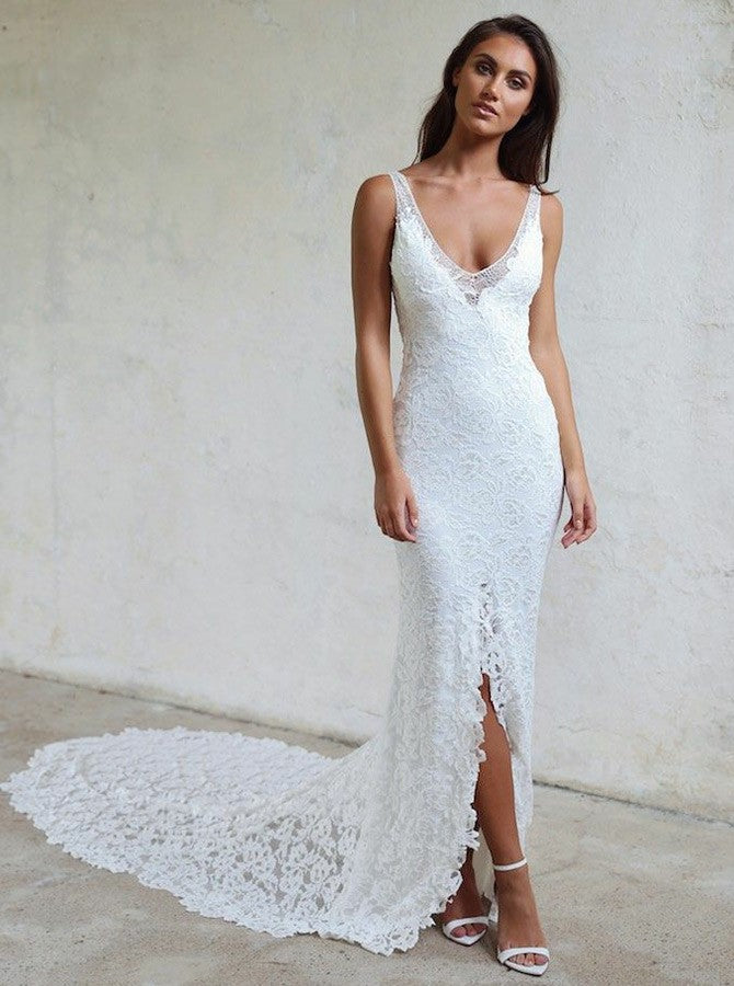 Tight  V-Neck Court Train Backless Lace Long Wedding Dresses with Split, TYP1541