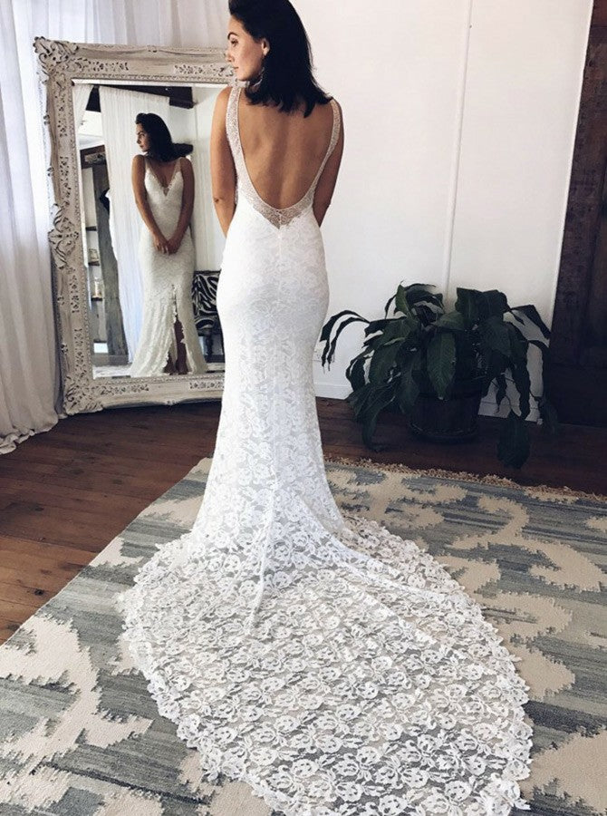 Tight  V-Neck Court Train Backless Lace Long Wedding Dresses with Split, TYP1541