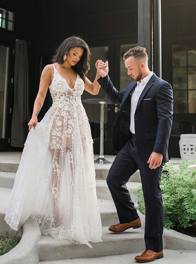 A-Line V-neck Sweep Train White Tulle Wedding Dress with Appliques, TYP1543