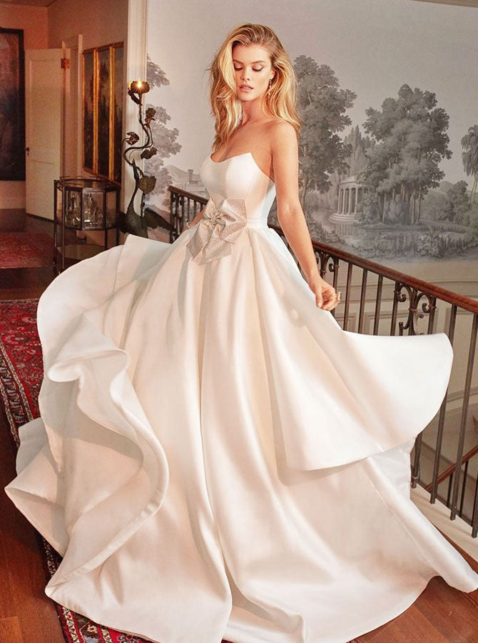 A-Line Strapless Long White Satin Wedding Dresses with Bow Knot, TYP1490