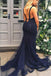 Navy Blue Spaghetti Straps Mermaid Beading Long Prom Dresses, TYP1792