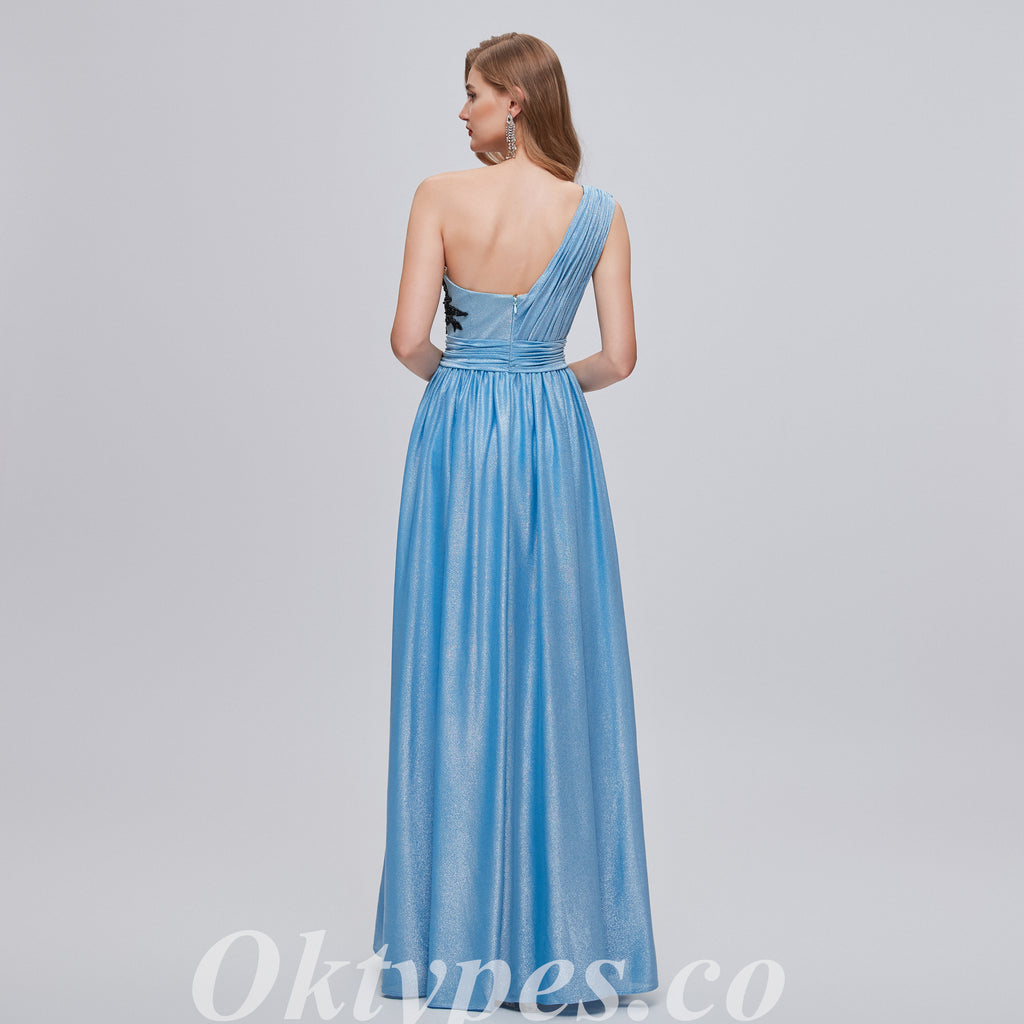 Sexy Blue Special Fabric One Shoulder A-line Side Slit Long Prom Dresses With Beading,PDS0470