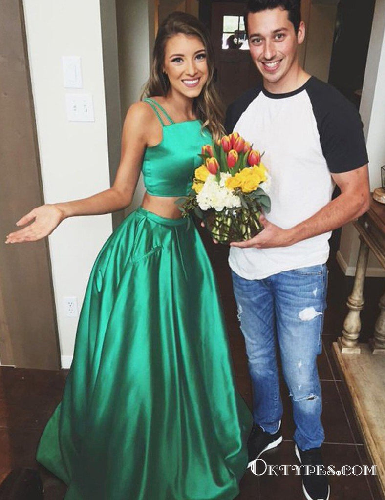 Two Piece Square Long Cheap Green Satin Prom Dresses with Pockets, TYP1824