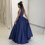 Sexy A-Line Deep V-Neck Dark Blue Prom Dresses with Pockets, TYP1256