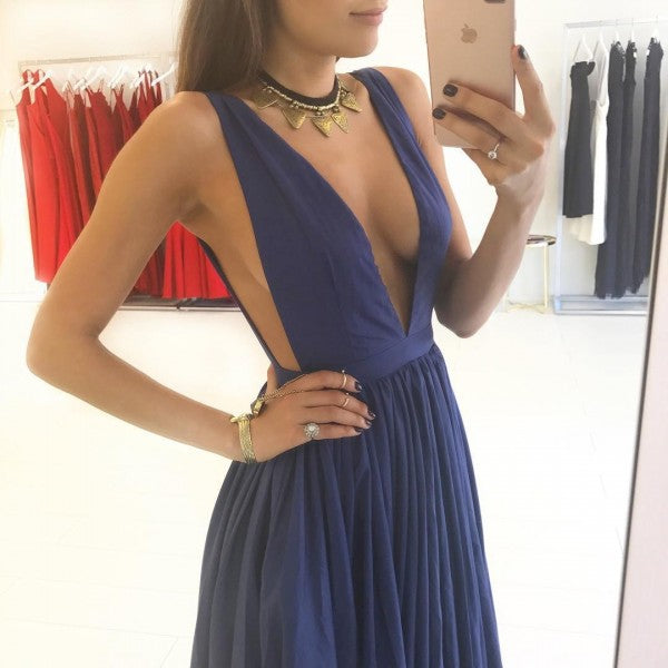 Sexy A-Line Deep V-Neck Dark Blue Prom Dresses with Pockets, TYP1256