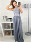 A-Line Round Neck Neck Long Grey Satin Prom Evening Dress with Lace Split, TYP1493