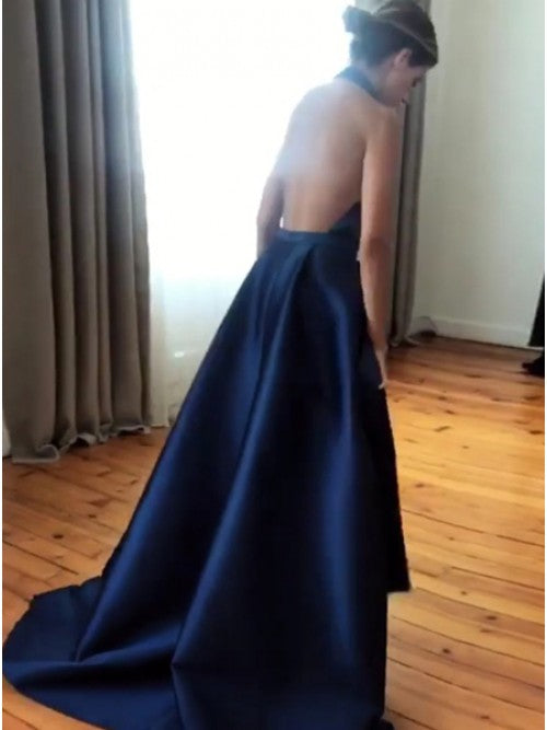 A-Line Halter Backless Royal Blue Satin Prom Dresses with Split, TYP1497