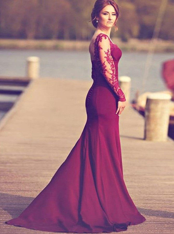 Mermaid Square Long Cheap Long Sleeves Burgundy Prom Dresses with Appliques, TYP1334