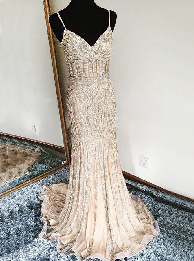 Mermaid Spaghetti Straps Long Champagne Prom Dress with Beading, TYP1529