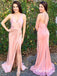 Sheath V-Neck Long Cheap Light Pink Prom Dresses with Split, TYP1795