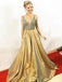 A-Line V-Neck Floor-Length Pleated Gold Taffeta Beaded Prom Dresses, TYP1393