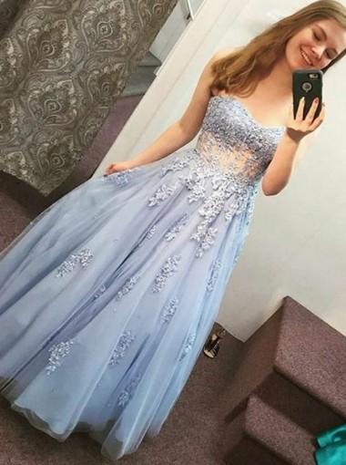 Sky Blue Long Floor Length Prom Dresses, Off-shoulder Prom Dresses, Appliques Prom Dresses, Beading Prom Dresses, TYP0346