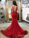 Gorgeous Mermaid V Neck Straps Dark Red Lace Long Prom Dresses, TYP1726