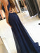 A-Line Round Halter Navy Blue Chiffon Prom Dresses with Lace Split, TYP1528