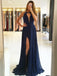 A-Line Round Halter Navy Blue Chiffon Prom Dresses with Lace Split, TYP1528