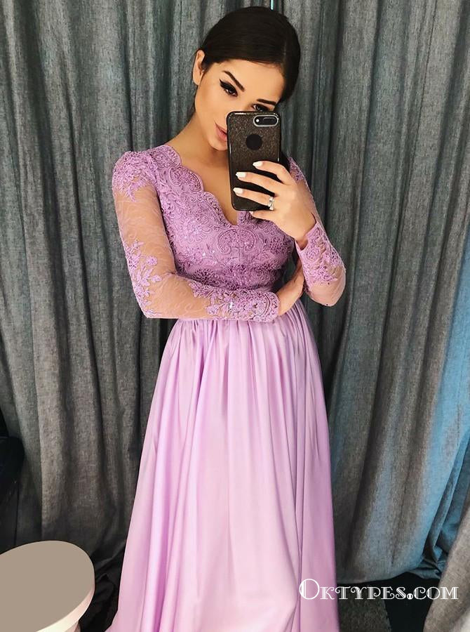 A-Line V-Neck Purple Satin Prom Dresses with Appliques Beading, TYP1890