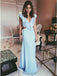 Sheath V-Neck Cut-out Blue Satin Long Prom Dresses with Ruffles, TYP1883