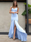 Mermaid Scoop Backless Blue Satin Prom Dresses with Split, TYP1336