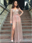 A-Line V-Neck Long Sleeves Slit Leg Sequined Prom Dresses, TYP1847