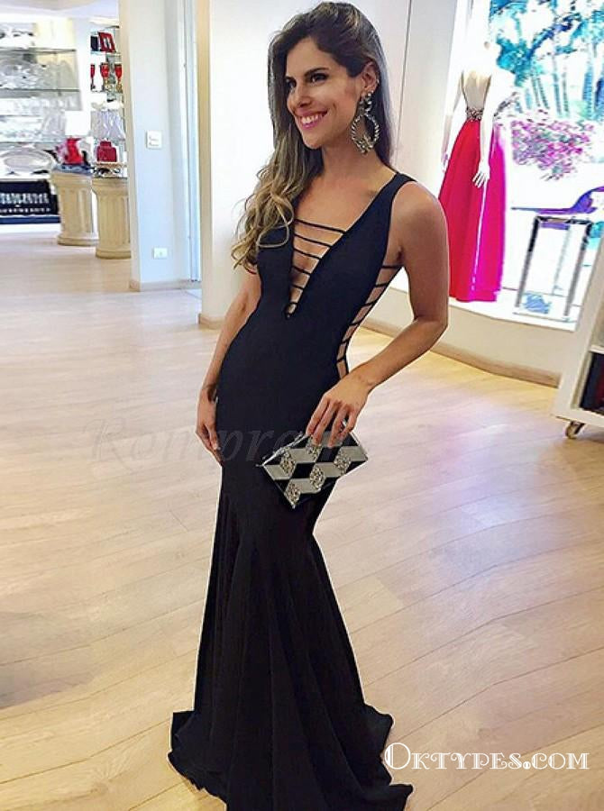 Black Sexy  Mermaid Low Cut V-Neck Long Cheap Prom Dresses, TYP1796