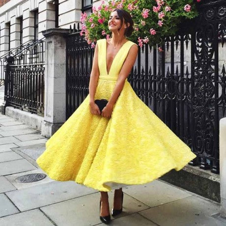 A-Line Deep V-Neck Sleeveless Ankle-Length Yellow Lace Prom Dresses, TYP1277