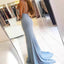 Mermaid V-Neck Split Front Light Blue Stretch Satin Prom Dresses Online, TYP1254