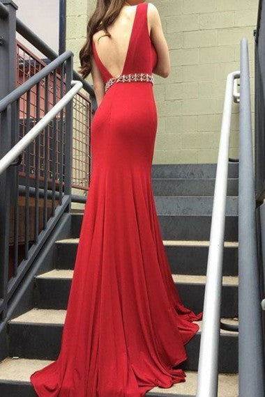 Mermaid Deep V-Neck Long Cheap Red Jersey Backless Beaded Prom Dresses, TYP1358