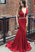 Mermaid Deep V-Neck Long Cheap Red Jersey Backless Beaded Prom Dresses, TYP1358