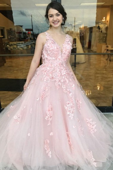 A-Line Deep V-Neck Long Cheap Pink Tulle Open Back Prom Dresses with Appliques, TYP1355