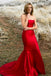 Mermaid Strapless Long Cheap Red Satin Sleeveless Split Pleats Prom Dresses, TYP1354