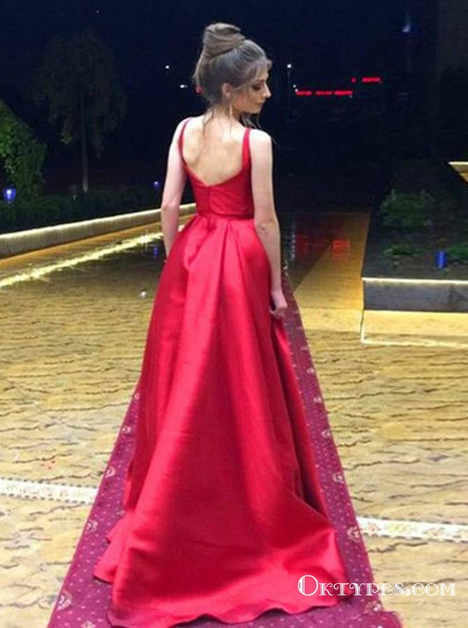 A-Line Round Neck Long Cheap Red Satin Prom Dresses, TYP1388