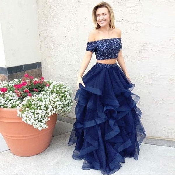 Two Piece Off the Shoulder Navy Blue Tulle Prom Dresses with Beading, TYP1269