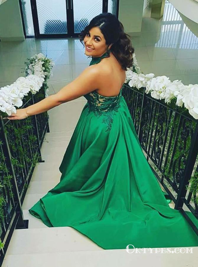 Charming Ball Gown Halter Backless Green Satin and Lace Long Prom Dresses, TYP1737